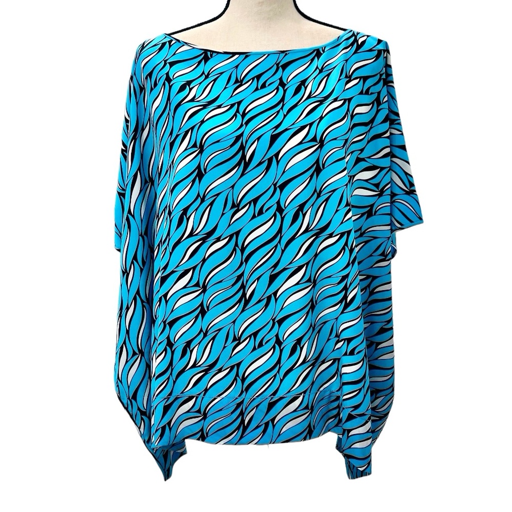 DIANE VON FURSTENBERG NEW HANKY BLUE, BLACK & WHITE PATTERN BOXY SILK BLOUSE
